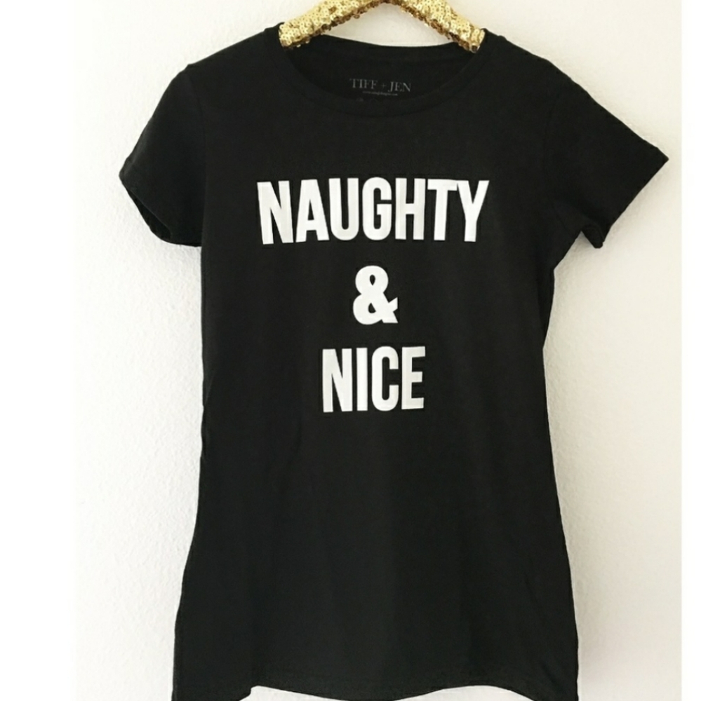 NAUGHTY & NICE BLACK FITTED GRAPHIC TEE